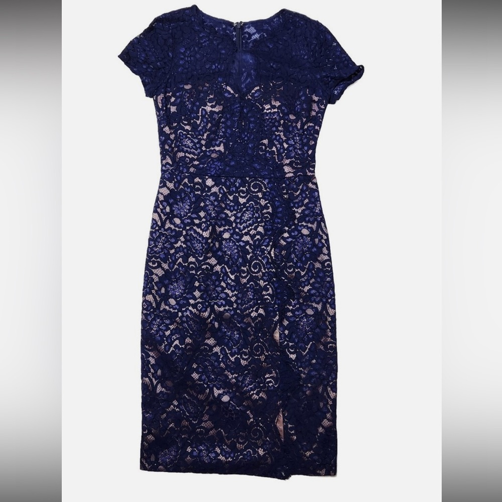 JS Collections Blue and black Lace Overlay Evening Dress size 10 - Picture 1 of 8